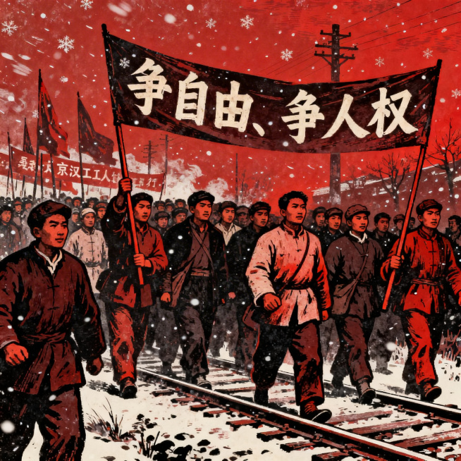 百年二七工运历史场景，京汉铁路工人在寒风中罢工游行，工人们万众一心，高举“争自由、争人权”的标语，画面庄严肃穆，红色革命历史风格，展现工人阶级不屈的革命精神，整体色调厚重深沉预览效果