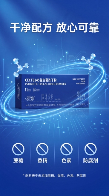延续之前的蓝色科技健康风格，参考这张图的排版设计9:16竖版详情页，标题为“干净配方 放心可靠”，中间展示贝卡奢CECT8145益生菌冻干粉包装盒，下方四个禁用图标文字：蔗糖、香精、色素、防腐剂，标注预览效果