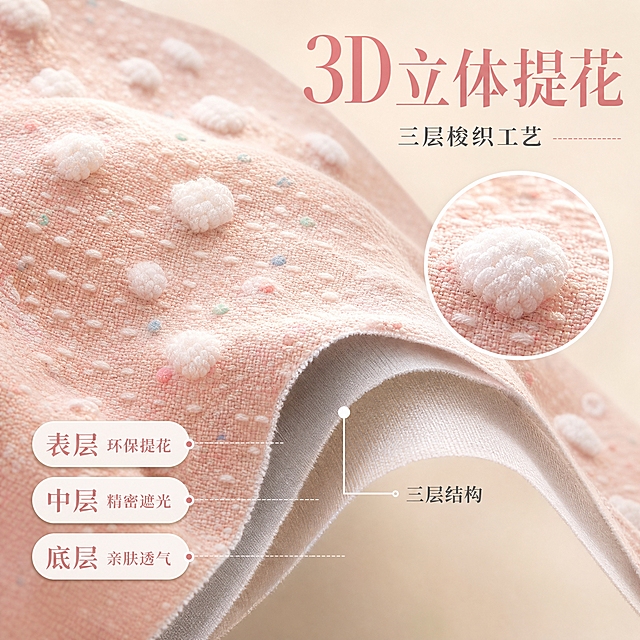 [主图-3] 三层梭织+3D立体提花面料微距品质展示，突出面料工艺和材质。
[统一基调] 温馨奶油粉色调居家风格，背景为纯净浅米色，主光源为侧光突出肌理，字体使用优雅衬线体，主标题字色为深粉色，辅助文字为深灰色，强调色为奶白色，整体干净高级有质感。
[画面] 超微距特写粉色波点提花窗帘面料，占据画面75%，清晰展示3D立体提花的凹凸肌理，白色波点凸起于粉色底布之上，形成鲜明的立体触感视觉。面料纤维细节清晰可见，三层梭织结构在面料边缘处有剖面示意，展示表层提花层+中间遮光层+底层亲肤层的三层结构。画面右侧有一个小型放大镜效果区域，放大展示提花颗粒的立体细节。面料自然弯曲形成柔和弧度，展现布料的柔软度。背景为纯净的浅米色，简洁不抢戏。
[光影质感] 商业摄影质感，45度侧光打在面料上，突出立体提花的凹凸阴影，肌理感极强，每一个波点都有清晰的明暗过渡，面料纤维质感真实，整体光影精致高级。
[配色] 主色调为奶油粉色+白色+浅米色，背景浅米色，面料粉色底+白色立体波点，提花颗粒带有微微的光泽感，整体色调干净高级。
[文字版式] 右上角叠放大字号标题："3D立体提花"深粉色衬线体，下方小字"三层梭织工艺"深灰色。左下角垂直排列三个参数标签："表层 环保提花""中层 精密遮光""底层 亲肤透气"，白色胶囊标签配深粉色文字。面料剖面处用细线引出标注"三层结构"。
[输出要求] 1:1正方形比例，2048x2048像素，文字清晰可读，面料肌理极致清晰，立体感强。负向：变形、错字、模糊、杂乱、水印、平台Logo、面料起球、污渍。