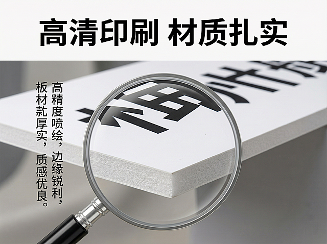 [主图 3] 产品细节特写展示
[氛围风格] 专业写实，突出做工品质。
[画面元素] 商业摄影质感、光线柔和通透、产品清晰真实、画面干净高级。放大镜效果放大展示KT板招牌的印刷字体边缘和KT板材质切面，清晰呈现印刷精度和板材厚度，隐去任何具体公司名称，细节干净清晰。
[配色色系] 保持黑白灰专业配色，对比清晰突出细节。
[视角构图] 特写构图，聚焦产品关键细节，背景虚化突出主体。
[文字版式] 顶部标题 "高清印刷 材质扎实" 黑色粗体，侧边标注细节说明文字，不遮挡主体细节。
[比例分辨率] 4:3 比例，2k 分辨率；文字清晰可辨，超高清。
[负向提示词]变形，水印，文字错乱，产品图模糊，背景杂乱，出现具体公司名称。