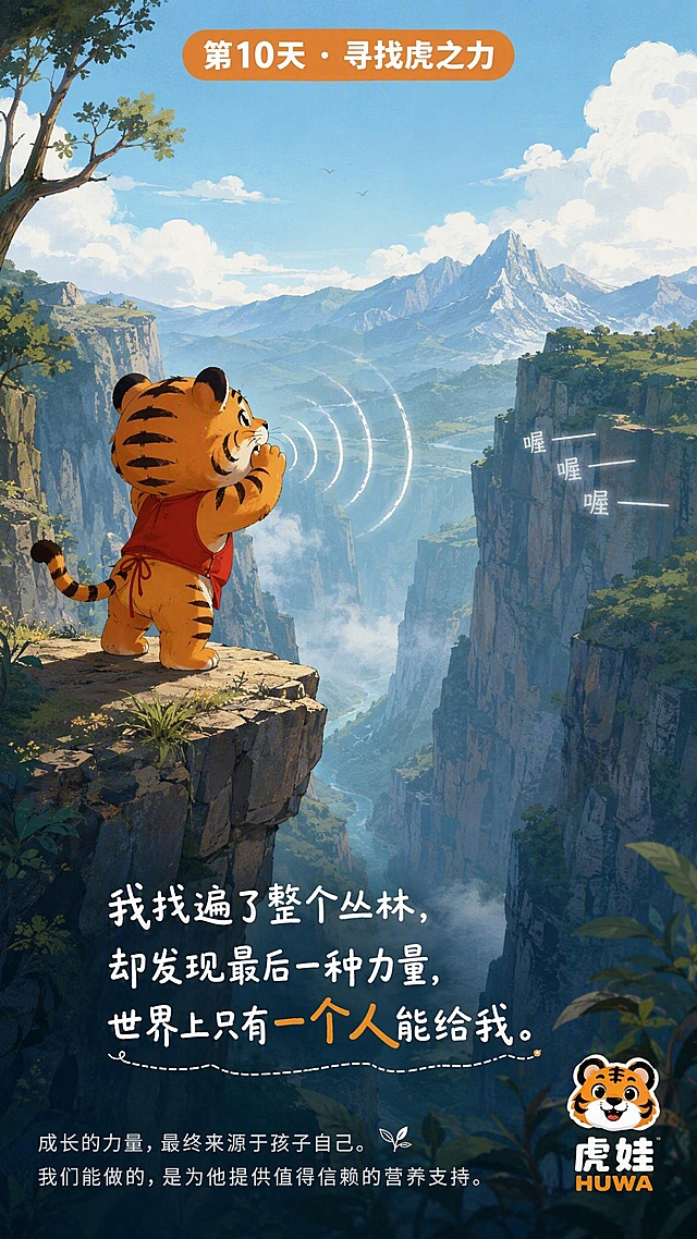 儿童绘本插画风格，壮阔峡谷色调，9:16竖版每日一签海报。画面中央：可爱的橙色小老虎虎娃穿着红色肚兜，站在回音峡谷的悬崖边，对着空无一人的对面山谷大声呼喊，双手拢在嘴边，声音用波纹线条表现，对面山谷传来隐隐的回声。峡谷深邃壮丽，远处有云雾缭绕的山峰，天空辽阔。虎娃的背影坚定又带着一丝孤独的探索感。顶部圆角日签标签写着'第10天 · 寻找虎之力'。画面下方旁白：'我找遍了整个丛林，却发现最后一种力量，世界上只有一个人能给我。' 底部产品小字：'成长的力量，最终来源于孩子自己。我们能做的，是为他提供值得信赖的营养支持。' 右下角虎娃品牌logo。壮阔儿童绘本风，蓝绿峡谷色调，探索与自我发现氛围。