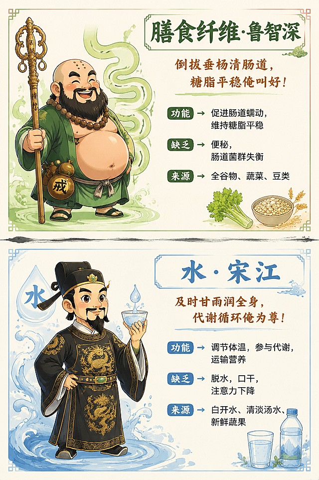 [第12屏] 膳食纤维·鲁智深 + 水·宋江 上下双科普卡。
[氛围/风格] 国风Q版双科普卡设计，延续整体风格，上下分区，信息清晰，生动有趣。
[元素布局] 上半屏：左侧Q版鲁智深立绘，保留鲁智深禅杖和大肚子标志性特征，融入肠道蠕动曲线元素，鲁智深专属识别色深绿浅底；右侧从上到下放置营养名称、slogan、核心知识点，右下角搭配芹菜、燕麦简笔画图标。下半屏：左侧Q版宋江立绘，保留宋江黑龙袍标志性特征，融入水滴波纹元素，宋江专属识别色天青浅底；右侧从上到下放置营养名称、slogan、核心知识点，右下角搭配水杯、天然水简笔画图标。中间用水墨细横线分隔，布局均衡。
[光影质感] 整体光线均匀明亮，两个卡片都有浅底色衬托，人物和文字层次清晰，不发灰。
[配色色系] 全局底色浅米白，上卡鲁智深主色深绿+浅草绿点缀，下卡宋江主色天青+浅蓝点缀，食物图标用暖鹅黄点缀，配色协调统一。
[视角构图] 竖版纵向构图，上下等分双区，每个区域内左侧人物右侧文字，阅读动线清晰。
[文字版式] 上卡：标题：膳食纤维·鲁智深，主色加粗；slogan："倒拔垂杨清肠道，糖脂平稳俺叫好！"，手写毛笔赭石小字；核心点：功能→促进肠道蠕动，维持糖脂平稳；缺乏→便秘，肠道菌群失衡；来源→全谷物、蔬菜、豆类。下卡：标题：水·宋江，主色加粗；slogan："及时甘雨润全身，代谢循环俺为尊！"，手写毛笔赭石小字；核心点：功能→调节体温，参与代谢，运输营养；缺乏→脱水，口干，注意力下降；来源→白开水、清淡汤水、新鲜蔬果。每个模块文字大小适中，清晰可读，不拥挤。
[比例分辨率] 2:3，宽度1080像素，高度1620像素，4K分辨率，文字清晰可辨，适配移动端阅读。
[负向提示词] 人物变形，文字错乱，文字过小，水印，颜色偏差，背景杂乱，低俗恶搞元素，乱码，违规内容。