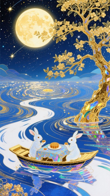 梦幻奇幻风格，全景，小船（漂浮在蓝白色河流上，船上一个桌子，两侧有2只玉兔，对坐着吃月饼 ）居画底部，星空漩涡从小船向四周扩散成漩涡状星空（深金色交织） ，中央巨大的发光满月，巨大的满金的桂枝树破空生预览效果