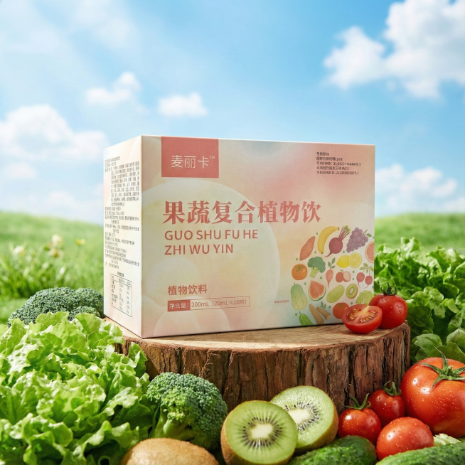 帮我生成图片：“超高清商业产品图，主体是参考图。包装放置在原木树桩上，木桩上摆放着周围环绕新鲜的生菜、西兰花、切开的猕猴桃、番茄。背景是清新的绿色草地，蓝天和白云。整体风格明亮、清新、健康，光线柔和自预览效果