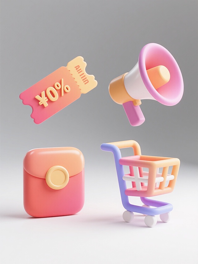 一组4个不同配色、不同样式的电商促销元素，包含红包、优惠券、购物车、喇叭，采用干净简约的3D立体风格，物体表面有柔和的渐变色彩和细腻的光泽感，边缘圆润，无明显棱角，光影效果为柔和的漫反射，高光区域自然过渡，阴影浅淡且边缘模糊，整体氛围明快活泼，每个元素造型符合现实逻辑且带有轻微的卡通化可爱处理，适合作为电商素材使用，白色背景使元素更加突出。