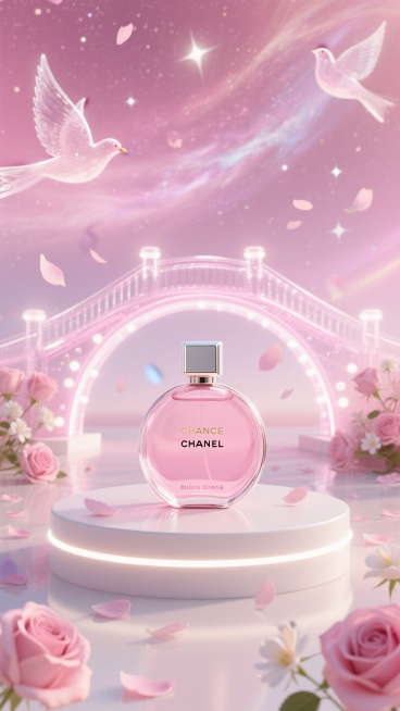 画面主体：一个发光的白色圆形展台，上面放着一瓶巨大的CHANEL 香奈儿邂逅系列香水（经典的圆形瓶身，搭配透明粉色瓶体，瓶盖为方形银质，简洁优雅 ） ，香水为主视觉，占据主要画面

场景：展台后面是一预览效果