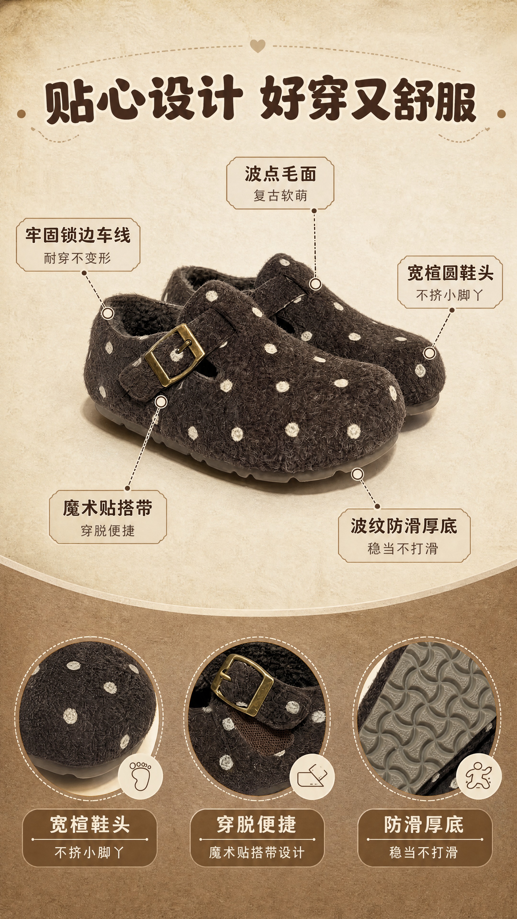 [商品] 使用【图4】深咖色儿童波点毛面勃肯鞋结构标注图；商品… - 图片创意预览