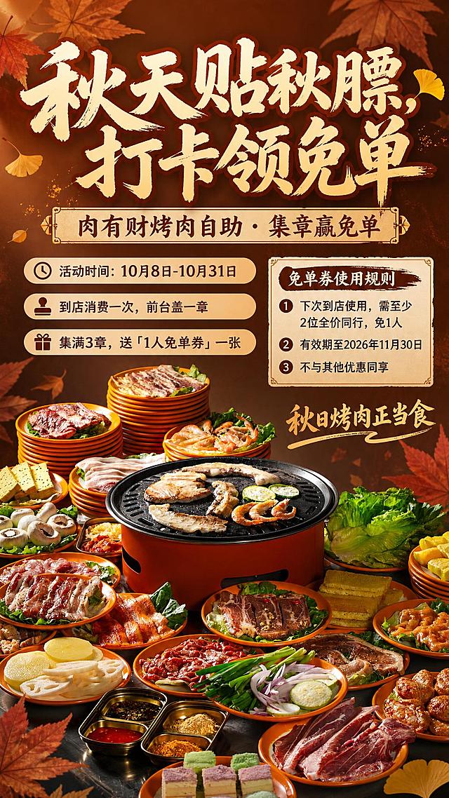 基于上传的烤肉自助美食图片，制作一张竖版活动宣传海报。画面上半部分为大标题区，下半部分保留丰盛的烤肉美食主体，烤肉食材、烤炉、橙色餐盘等保持原图的丰盛感和食欲感，商品主体占画面约55%。背景为秋日暖棕渐变，带有淡淡的枫叶、银杏叶等秋日元素点缀，营造秋天贴秋膘的温暖氛围。

画面中必须完整呈现以下文字信息，所有文字清晰可读：
主标题（画面上方大字）："秋天贴秋膘，打卡领免单"
副标题（主标题下方）："肉有财烤肉自助 · 集章赢免单"
活动时间标签："活动时间：10月8日-10月31日"
玩法说明："到店消费一次，前台盖一章"
奖励说明："集满3章，送「1人免单券」一张"
免单券使用规则小标题："免单券使用规则"
规则1："下次到店使用，需至少2位全价同行，免1人"
规则2："有效期至2026年11月30日"
规则3："不与其他优惠同享"
装饰短句："秋日烤肉正当食"

版式精美，信息分区清晰，标题区在上，美食主体在中下部，活动规则以卡片或列表形式呈现在画面右侧或底部空白处，文字不遮挡烤肉主体。整体色调为暖橙红棕秋日色系，食欲感强，热闹有烟火气，写实商业摄影风格，超高清画质。

画面中所有数字必须精确渲染，不得出现错位、遗漏或编造的数字。画面中所有信息区域必须填充完整合理的内容，不得出现空白框或待填写区域。