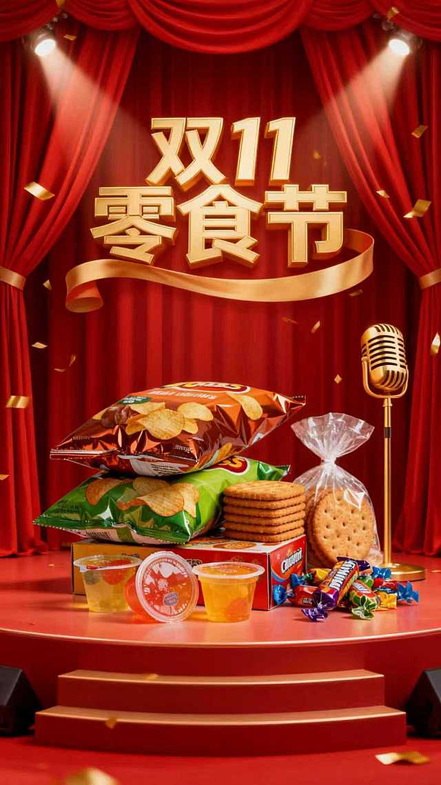 这是一张年货节促销海报，以红色幕布为背景营造舞台感。中央金色立体大字"双11零食节"搭配动态飘带装饰。图片上的物品调整为和舞台适配的比例，聚光灯打在物品上，右侧紧挨着金色麦克风图标，背景是拉开的红色幕布，搭配飘落的金箔纸片，整体红金配色。前景有舞台台阶。