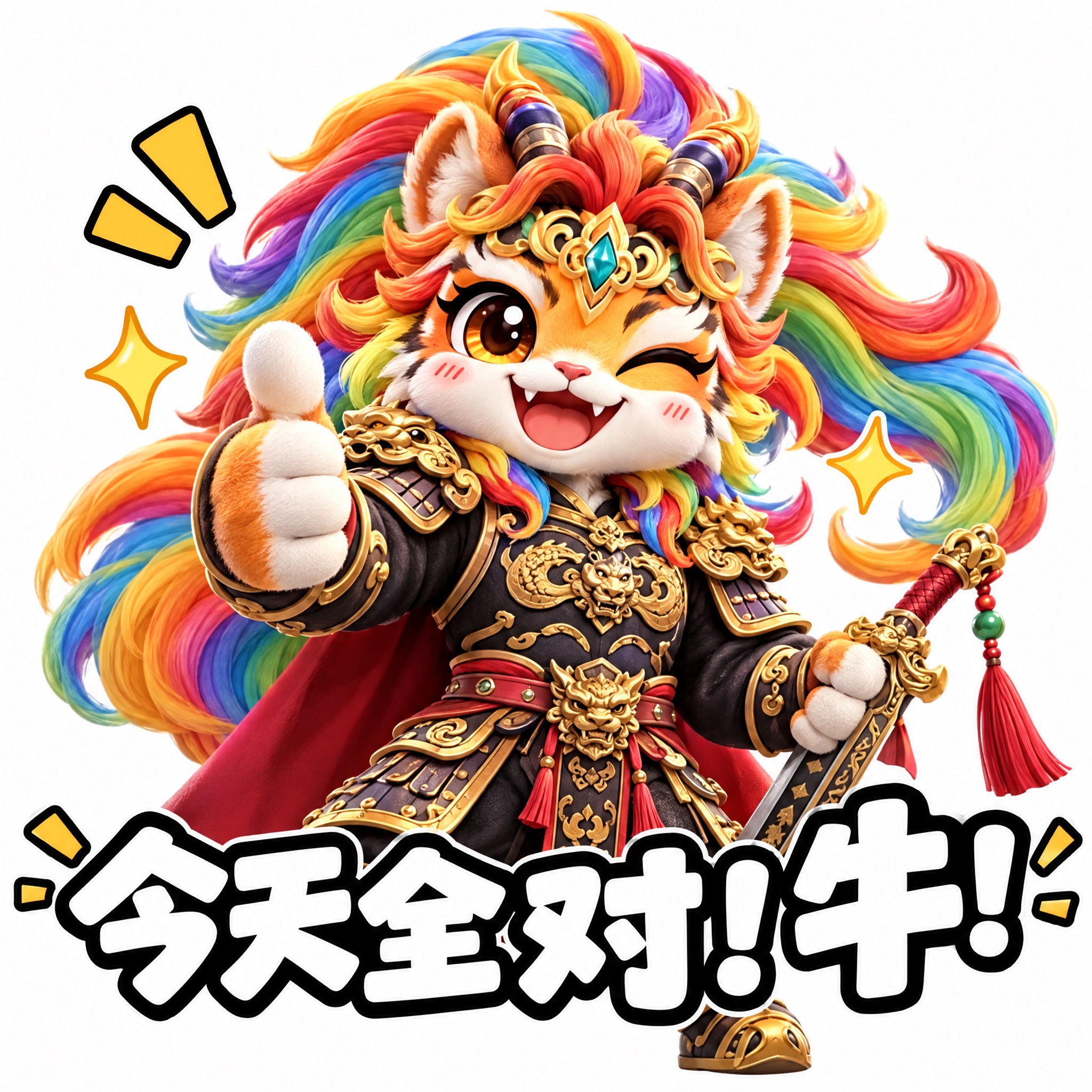 参考图中的彩虹鬃毛虎形神兽（穿黑色铠甲、持剑），做成可爱表情包… - 图片创意预览