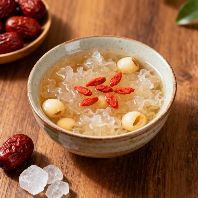 银耳详情页3：食用场景图，纯图布局无文案，展示银耳莲子羹盛在陶瓷碗中，撒上枸杞，旁边搭配红枣、冰糖，置于原木桌面，暖调自然光营造温润养生氛围，风格温暖舒适，1:1比例预览效果