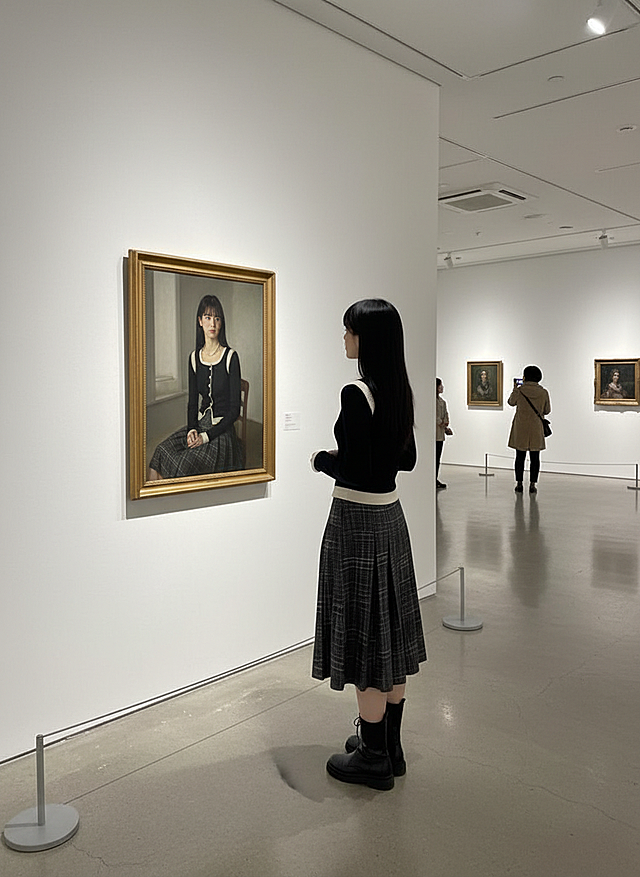 油画风写实肖像，文艺优雅古典气质，人物与画中人呼应，静谧展厅氛围，艺术与现实交织。