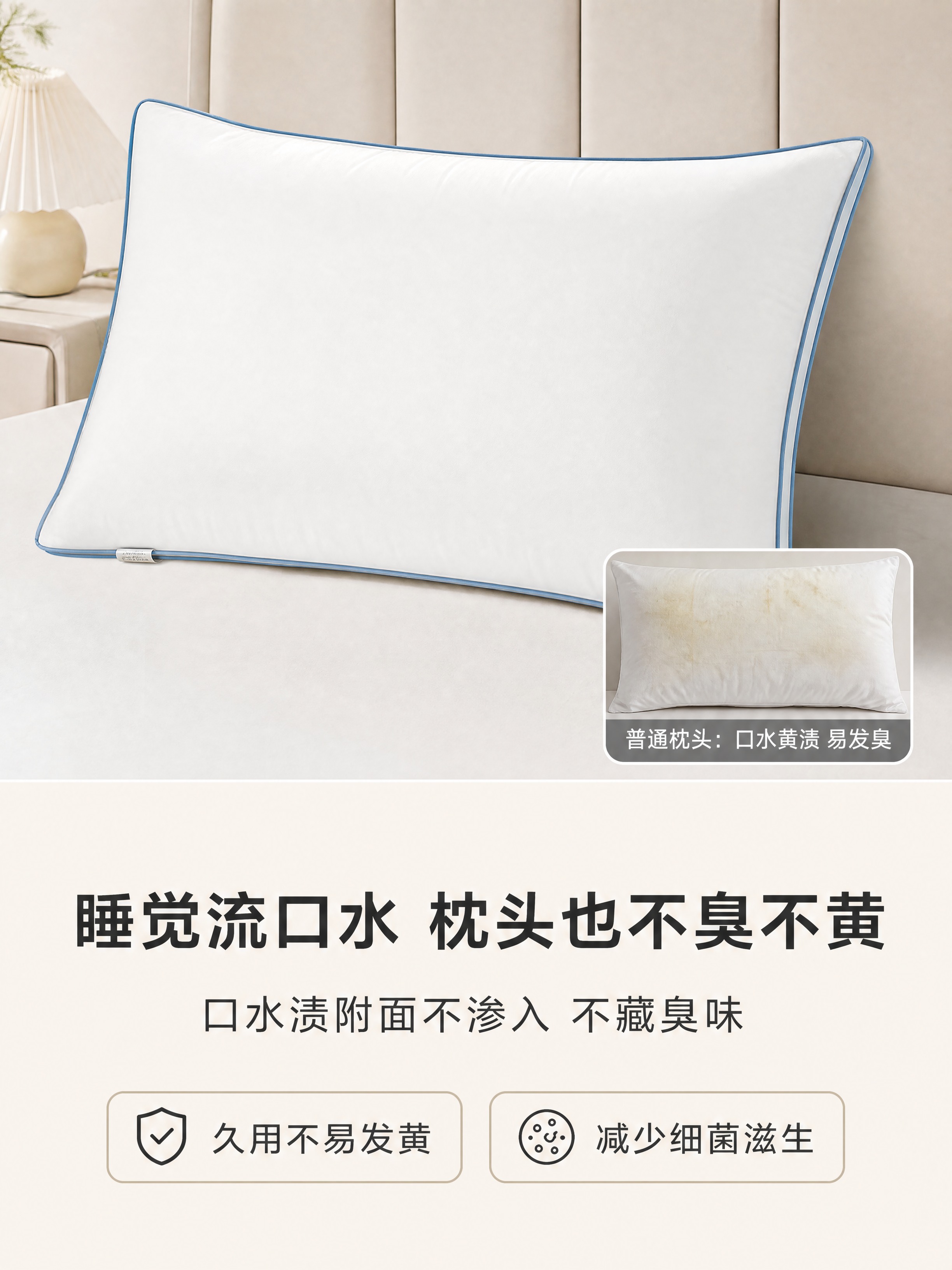 家纺详情页人群场景图，上图下文布局。上方60%：一个蓝边白色高… - 图片创意预览