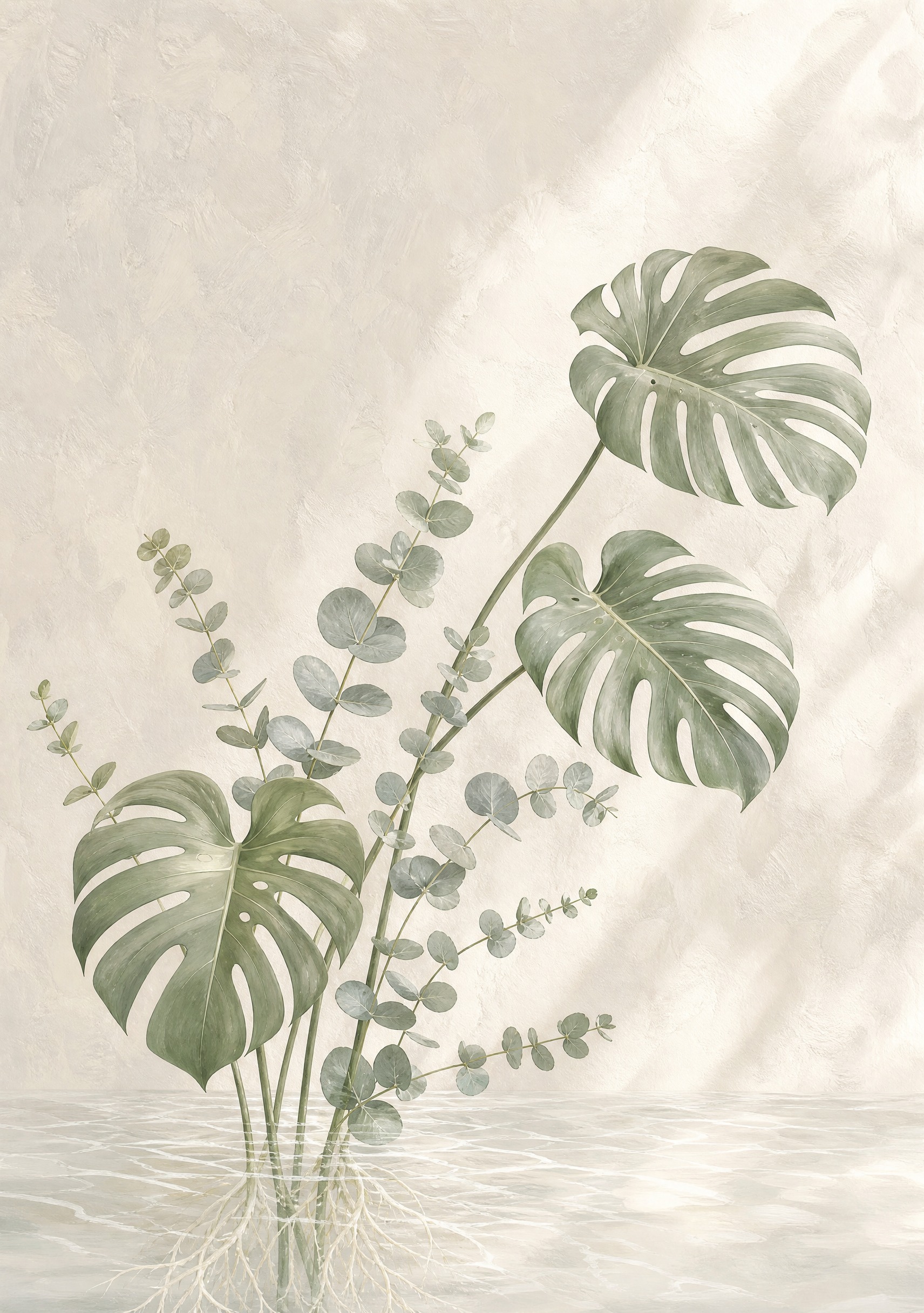 修改这张奶油风静物装饰插画：1. 去掉玻璃花瓶，改为水培枝条直… - 图片创意预览