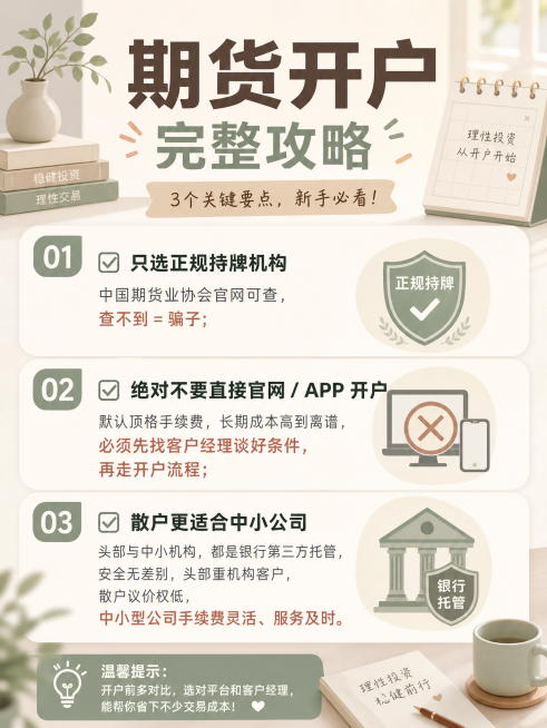 制作一张抖音3:4图文，包含完整开户攻略文字内容，采用莫兰迪低饱和配色，整体风格舒适温馨干净，文字清晰工整易阅读。内容：✅ 只选正规持牌机构，中国期货业协会官网可查，查不到 = 骗子；✅ 绝对不要直接预览效果