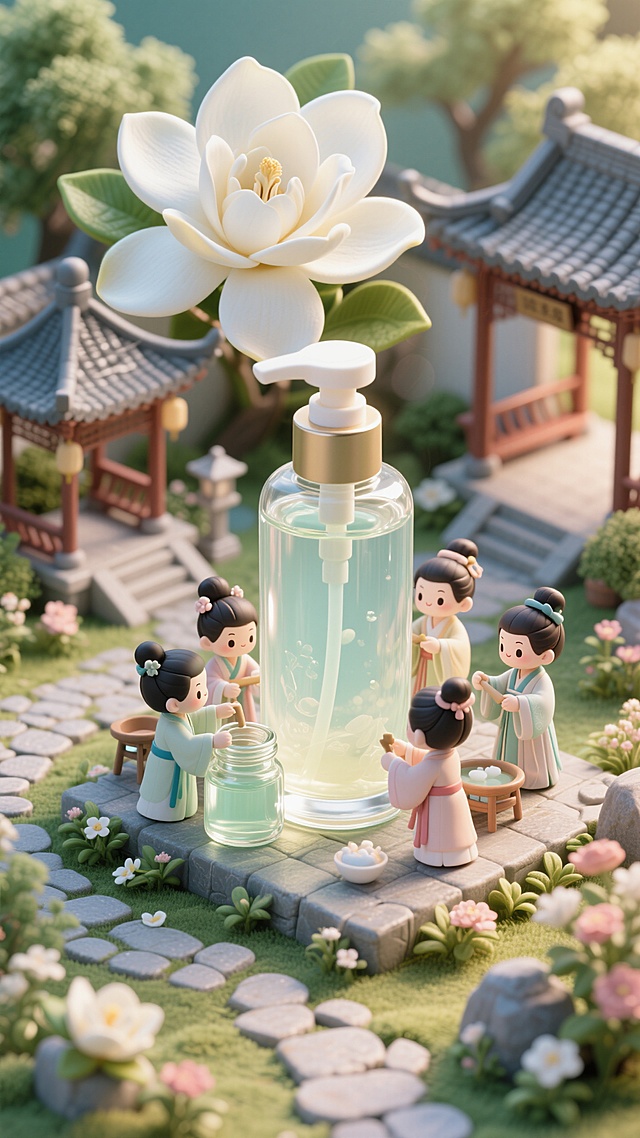 一个巨大的栀子花沐浴露，古风小人围绕玻璃罐制作沐浴露底液，背景古风庭院