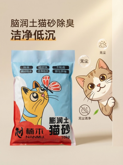 我的产品是猫砂，用我提供的产品图帮我设计20张高级主图预览效果