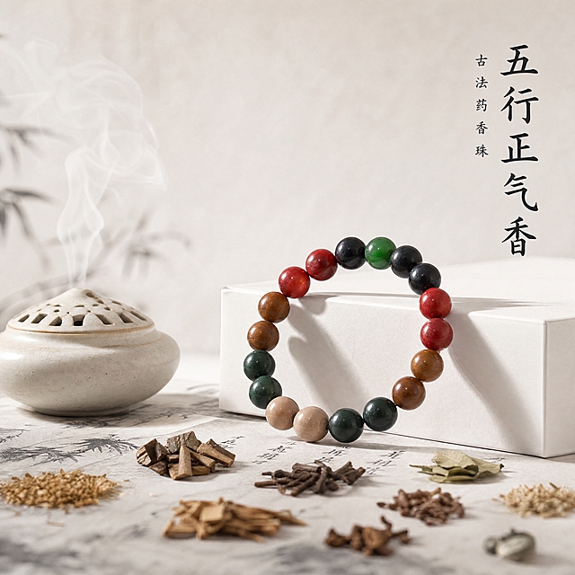 [主图-1] 五行正气香药香珠手串 首图氛围展示 突出产品整体造型与高级国风质感
[统一基调] 高级国风 中式素雅 干净极简白色背景 柔和自然光 浅景深 8K高清 商业静物摄影 细节细腻 柔和阴影 画面留白充足 无多余杂物
[画面] 五行正气香药香珠手串斜靠在简约白色纸盒上，手串由红、黑、绿、棕、浅棕五色圆珠串成，对应五行配色，珠子为药香珠材质，表面温润有自然纹理。画面下方平铺摆放多种天然中草药原料（沉香、檀香、丁香、龙脑等中药材颗粒与叶片），铺在浅水墨宣纸上面。左侧有一个陶瓷香薰炉飘出淡淡青烟，青烟轻盈飘渺。手串主体位于画面中心偏上，占画面约50%，斜靠姿态自然优雅，白色纸盒简约方正。浅水墨宣纸铺在画面底部，中草药原料散落其上，层次丰富。陶瓷香薰炉在左侧偏下位置，青烟袅袅上升。整体构图平衡，留白充足，突出手串主体。
[光影质感] 柔和自然光从左上方照射，手串珠子表面有温润的光泽，柔和阴影落在纸盒与宣纸上，浅景深效果使背景虚化，主体清晰突出，8K高清细节，药香珠纹理细腻可见，商业静物摄影质感。
[配色] 整体以白色为主色调，搭配手串的五色（朱红、墨黑、翠绿、棕褐、米白）、宣纸的浅灰水墨色、陶瓷炉的米白色，色调统一素雅，高级国风配色。
[文字版式] 画面右上角留白处有两行竖排书法字体文字，主标题「五行正气香」字号较大，副标题「古法药香珠」字号较小，字体为书法宋体，颜色为深墨色，与背景形成对比，不遮挡主体。
[输出要求] 1:1正方形比例，文字清晰可读，产品清晰不变形，无错字，无水印，无平台Logo，无多余杂物，画面干净高级。负向：珠子变形、颜色偏差、模糊、杂乱背景、水印、二维码、夸张宣传语。