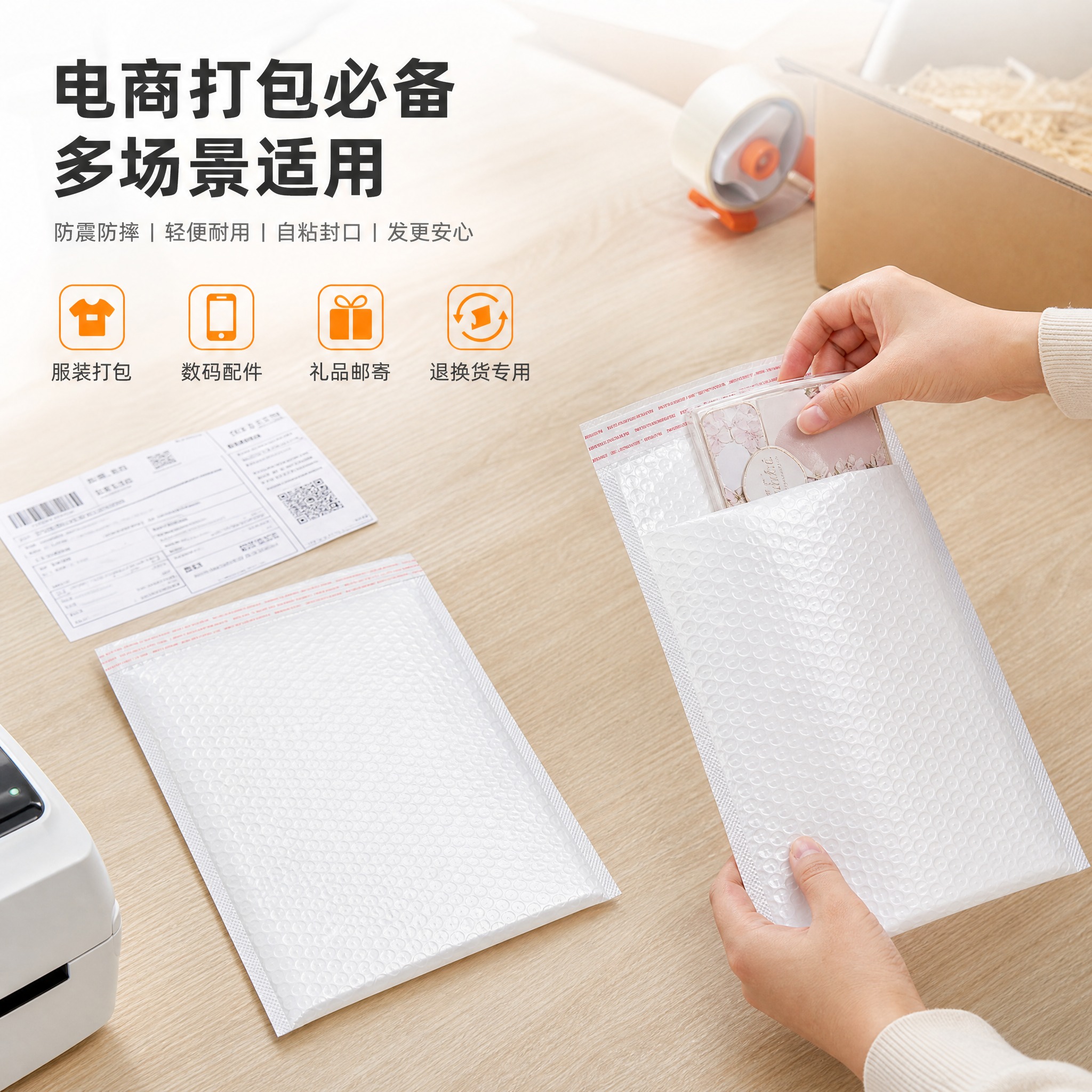 [主图-4] 使用场景与适用范围 展示气泡信封袋在快递打包中的… - 图片创意预览