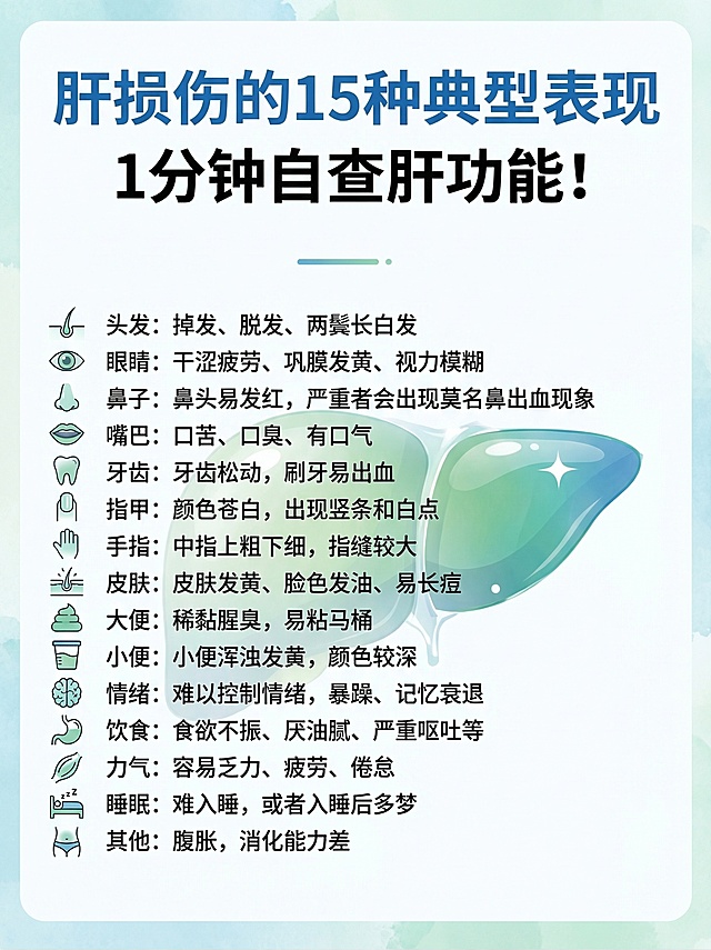 重新生成一张清晰的肝损伤自查科普海报，保留原图片所有文字内容：标题"肝损伤的15种典型表现 1分钟自查肝功能！"，以及15条表现内容：头发：掉发、脱发、两鬓长白发；眼睛：干涩疲劳、巩膜发黄、视力模糊；鼻子：鼻头易发红，严重者会出现莫名鼻出血现象；嘴巴：口苦、口臭、有口气；牙齿：牙齿松动，刷牙易出血；指甲：颜色苍白，出现竖条和白点；手指：中指上粗下细，指缝较大；皮肤：皮肤发黄、脸色发油、易长痘；大便：稀黏腥臭，易粘马桶；小便：小便浑浊发黄，颜色较深；情绪：难以控制情绪，暴躁、记忆衰退；饮食：食欲不振、厌油腻、严重呕吐等；力气：容易乏力、疲劳、倦怠；睡眠：难入睡，或者入睡后多梦；其他：腹胀，消化能力差。搭配肝脏示意图，风格清新简约，适合健康科普