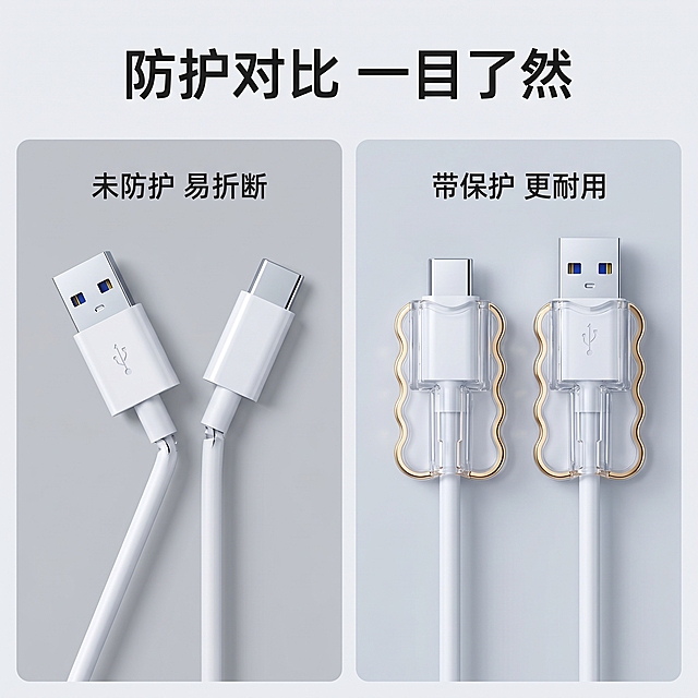 [主图 3] 防护效果对比主图
[氛围风格] 清晰直观对比，简约科技风
[画质] 商业摄影质感、光线柔和通透、产品清晰真实、画面干净高级
[元素] 采用左右分栏对比布局，左右均保持产品整体结构一致，左侧展示未加保护套的数据线接口容易弯折，右侧展示加装本款透明波浪数据线保护套后受力均匀挺拔，保持产品外观（物理结构、透明材质质感、波浪金边轮廓、颜色）与输入产品图绝对一致，杜绝任何变形和色差，精细化处理。整体占比约80%，背景干净浅灰色，满屏无边框
[光影] 均匀冷调布光，双侧对比光影一致，清晰展示结构差异
[配色] 浅灰背景，左右分割线柔和，对比清晰
[视角构图] 双栏平视对比，构图均衡，重点突出差异
[文字版式] 顶部大字主标题"防护对比 一目了然"，左侧标注"未防护 易折断"，右侧标注"带保护 更耐用"，文字清晰不遮挡产品主体
[比例分辨率] 1:1比例，2k分辨率，文字清晰可辨，超高清
[负向提示词] 变形，水印，文字错乱，产品图模糊，背景杂乱