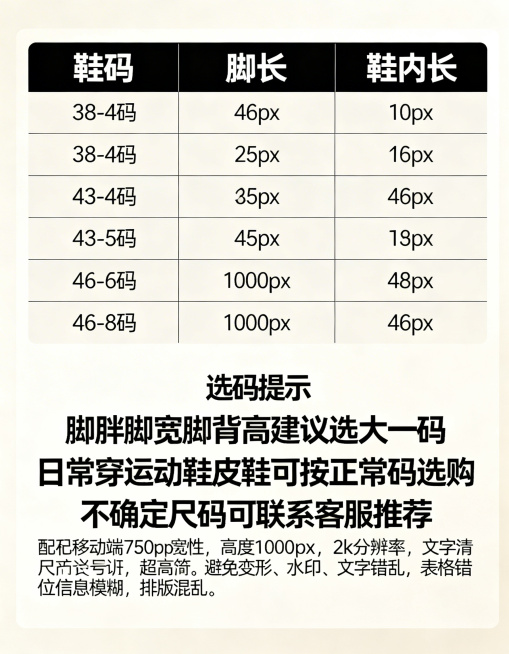 [尺码对照表] 老北京布鞋尺码对照表和选码指南图
[氛围风格] 清晰简洁，信息直观
[画面元素] 背景干净浅色，上半部分是清晰尺码对照表，包含38-46码，标注鞋码、脚长、鞋内长对应关系；下半部分是选预览效果