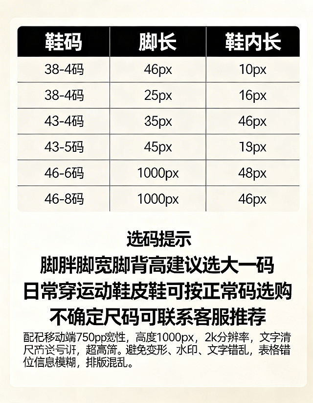 [尺码对照表] 老北京布鞋尺码对照表和选码指南图
[氛围风格] 清晰简洁，信息直观
[画面元素] 背景干净浅色，上半部分是清晰尺码对照表，包含38-46码，标注鞋码、脚长、鞋内长对应关系；下半部分是选码提示，内容：脚胖脚宽脚背高建议选大一码，日常穿运动鞋皮鞋可按正常码选购，不确定尺码可联系客服推荐。表格排列整齐，信息清晰
[配色色系] 浅色背景，黑色文字，黑色表头，配色干净
[视角构图] 上下布局，上部分尺码表，下部分选码指南，分区清晰，适配移动端750px宽度
[文字版式] 表头加粗放大，表格内文字清晰易读，选码提示文字段落分明，重点内容加粗，信息一目了然
[比例分辨率] 宽度750px，高度1000px，2k分辨率，文字清晰可辨，超高清
[负向提示词] 变形，水印，文字错乱，表格错位，信息模糊，排版混乱