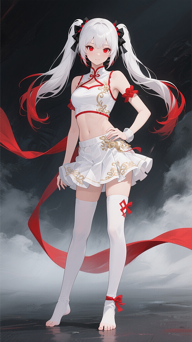 二次元动漫风格少女插画，保持原角色核心特征：白发双马尾（黑色发饰、红色挑染）、白皙皮肤、红色眼瞳、精致面容，穿着白色为主（红色镶边、金色花纹装饰）的露脐短上衣与层叠短裙，搭配白色过膝袜（带红色蝴蝶结及白色十字花纹），赤脚。角色变换为一手叉腰、一手自然下垂的自信站姿，裙摆与身后飘逸的红色长绸带随动作扬起，营造动感。整体色彩以红白为主色调，背景为深色调与云雾效果，光影对比鲜明，保留细腻的笔触质感与清晰的人物细节刻画，画面氛围神秘而华丽。