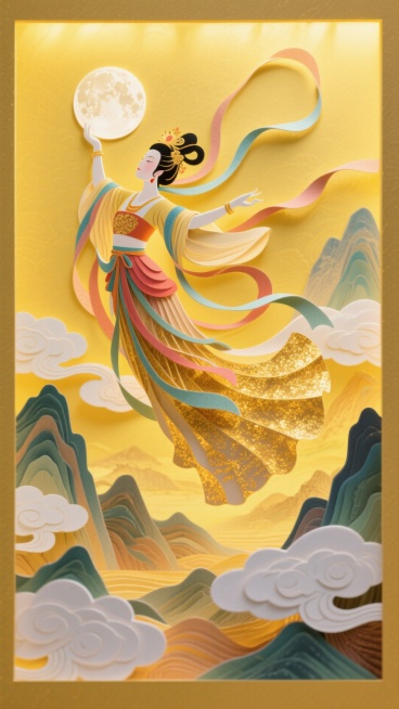 大全景，嫦娥飞天托月（悬浮在空中，裙摆飘逸，飞舞，极致的动态），金色仙境：层峦叠嶂的山脉，白色祥云环绕，黄色背景，背面透光预览效果