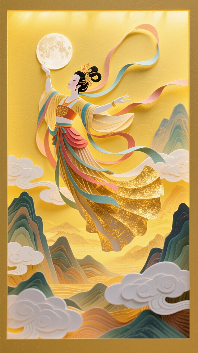 撕纸风与剪纸风融合，古典美人托月飞天，金箔质感裙摆飘逸，层叠山峦与祥云环绕，尽显中式梦幻与奢华之美。