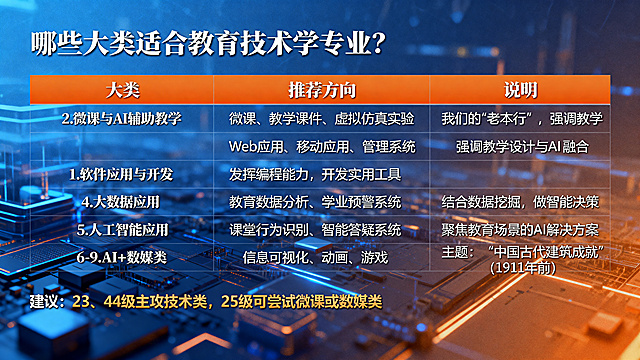 PPT内页，主色调科技蓝和活力橙，标题加粗微软雅黑字体"哪些大类适合教育技术学专业？"，使用表格呈现内容，表格包含三列：大类、推荐方向、说明，具体内容：2.微课与AI辅助教学，微课、教学课件、虚拟仿真实验，我们的"老本行"，强调教学设计与AI融合；1.软件应用与开发，Web应用、移动应用、管理系统，发挥编程能力，开发实用工具；4.大数据应用，教育数据分析、学业预警系统，结合数据挖掘，做智能决策；5.人工智能应用，课堂行为识别、智能答疑系统，聚焦教育场景的AI解决方案；6-9.AI+数媒类，信息可视化、动画、游戏，主题："中国古代建筑成就"（1911年前）；表格底部添加建议：23、24级主攻技术类，25级可尝试微课或数媒类；整体使用微软雅黑字体，表格清晰美观，现代科技教育风格