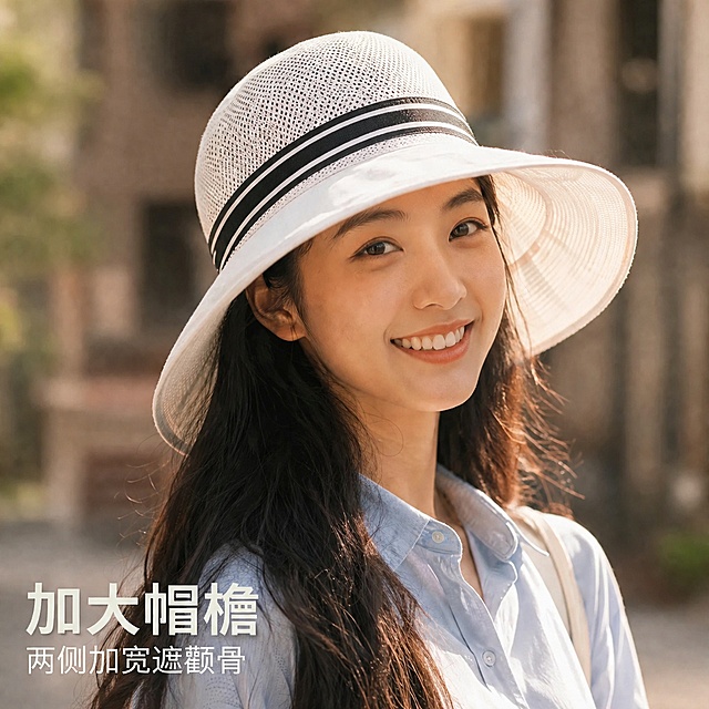 「图片1」「图片1」「图片1」「图片1」「图片1」，生成一套主图（5张），商品名称是大檐镂空渔夫帽，卖点是镂空编织帽顶，大帽檐 + 加长帽沿 + 两侧加宽遮颧骨，全方位加大头围，升级款可挂口罩 / 面罩韩版 ins 极简撞色条纹，适配1688平台，主图比例为1:1