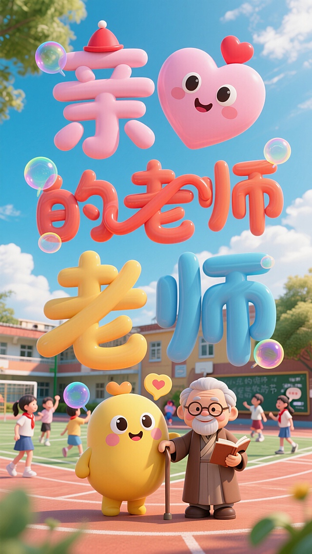 3D充气风设计，可爱卡通拟人角色，波普艺术风格，校园场景，教师节主题。