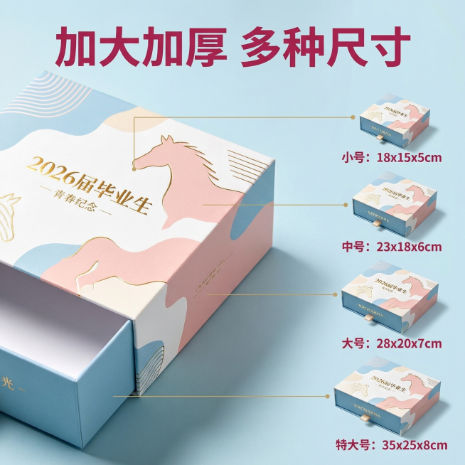 [主图 3] 马年毕业礼盒尺寸细节展示图
[氛围/风格] 温馨校园治愈风，质感细节展示
[画面元素] 商业摄影质感、光线柔和通透、产品清晰真实、画面干净高级。放大特写礼盒侧边加厚结构，展示箱体的厚度；预览效果