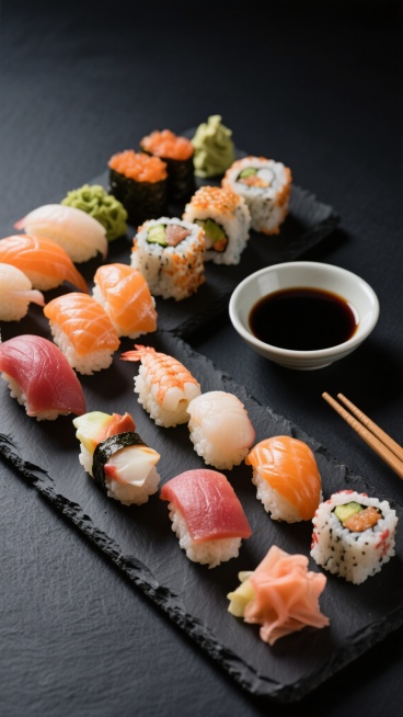 精致寿司拼盘，多种寿司组合（包括三文鱼寿司、金枪鱼寿司、虾寿司、加州卷、寿司卷等），摆放在黑色石板上，旁边有一碗酱油、筷子，深色背景，高级餐厅美食摄影风格，高清晰度，细腻的食材纹理，柔和的侧光照明，突出食物的新鲜感和质感，构图饱满，色彩对比鲜明，寿司的鲜艳色彩与深色背景形成强烈视觉冲击，专业美食杂志级别的视觉呈现。预览效果
