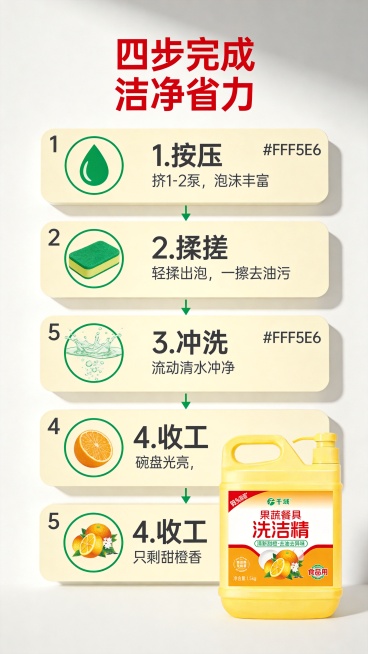[使用步骤屏] 果蔬餐具洗洁精使用方法步骤展示，四步清洁流程演示。
[氛围/风格] 清晰直观步骤风，干净简约，生活气息，商业设计感。
[元素布局] 页面顶部放主标题，下方从上到下依次排列四个步骤，每个预览效果
