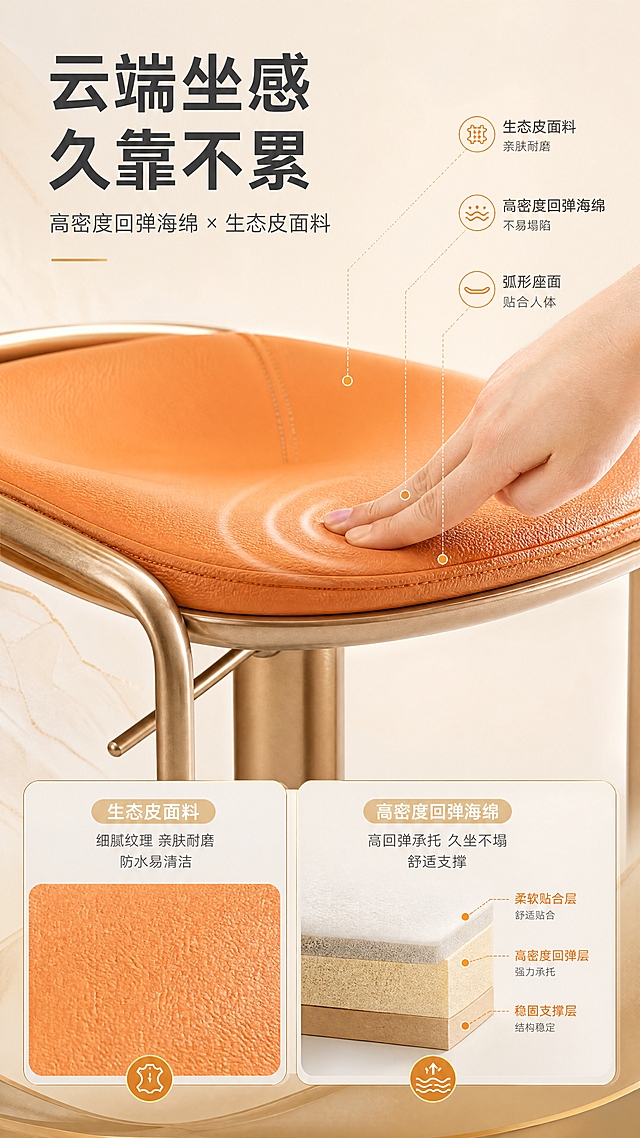 [商品] 使用【图1】B2526橙色座面钛金吧椅；保留橙色生态皮座面形状、纹理、颜色和厚度；座面局部放大特写，展示面料与海绵回弹，不改变产品结构。
[画面] 目标：坐感材质证明，建立舒适信任。上半部分座面微距特写，一只手轻轻按压座面展示海绵回弹凹陷与恢复，周围有回弹波纹示意；下半部分左右分两个小图：左侧生态皮面料纹理细节，右侧高密度海绵剖面示意（用分层线标注）；整体产品细节占画面约75%。
[视觉] 套系策略：风格=高级大气轻奢商业摄影；标题字=现代无衬线粗体中文；正文字=简洁无衬线体；主色=暖钛金+浅橙+米白；背景延展=基于米白与暖金做深浅层级、同色渐变和细腻石材/金属质感；强调色=暖橙，仅用于小面积图标、引线和标签；标题色=深炭灰；正文色=中暖灰；组件=圆角浅底信息卡、细线引线、金色点缀；光影=柔和顶光+侧光，突出皮革质感与按压凹陷层次，整体亮色调。
[文字] 左上主标题「云端坐感 久靠不累」，副标题「高密度回弹海绵 × 生态皮面料」；画面配3个引线标注「生态皮面料 亲肤耐磨」「高密度回弹海绵 不易塌陷」「弧形座面 贴合人体」；文字清晰可读，不遮挡按压演示主体。
[规格] 图片比例9:16竖版，4K分辨率，避免变形、错字、文字过小、冷蓝/冷灰背景、产品颜色改变、极限词。