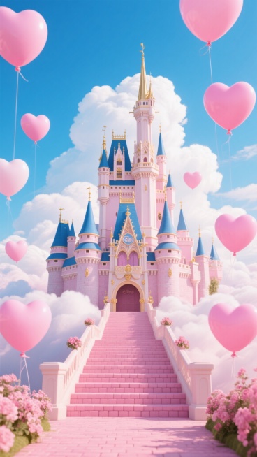 梦幻童话风格的迪士尼城堡，主体为粉白色调，搭配蓝色尖顶与金色装饰细节，城堡矗立在蓬松的云层之上，周围环绕着多个大小不一的粉色心形气球，城堡前方是铺着粉色砖石的阶梯，两侧有粉色花卉点缀，天空呈现明亮的蓝色并飘着白色云朵，整体画面充满浪漫、梦幻、甜美的氛围，光影柔和，色彩饱和度高，细节精致，具有强烈的童话感和迪士尼标志性的奇幻风格。预览效果