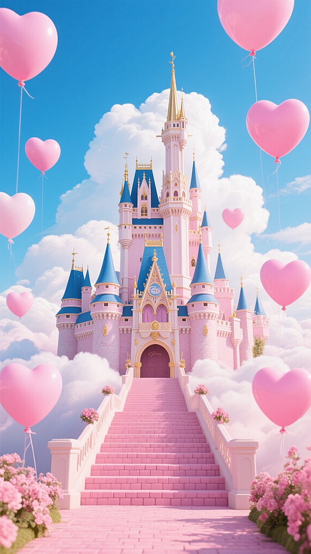 梦幻童话风格的迪士尼城堡，主体为粉白色调，搭配蓝色尖顶与金色装饰细节，城堡矗立在蓬松的云层之上，周围环绕着多个大小不一的粉色心形气球，城堡前方是铺着粉色砖石的阶梯，两侧有粉色花卉点缀，天空呈现明亮的蓝色并飘着白色云朵，整体画面充满浪漫、梦幻、甜美的氛围，光影柔和，色彩饱和度高，细节精致，具有强烈的童话感和迪士尼标志性的奇幻风格。