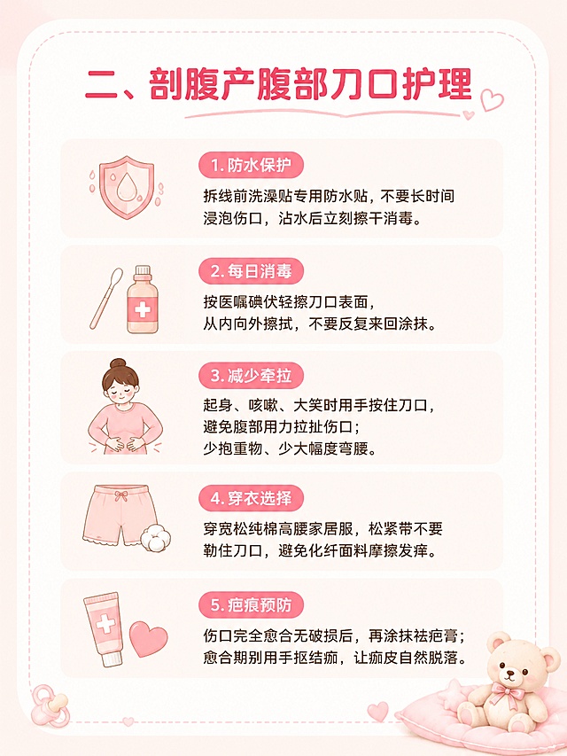 小红书图文第三页内页配图，延续浅暖粉母婴风格，3:4竖版，干净清新。画面顶部大标题：「二、剖腹产腹部刀口护理」，下方逐条清晰展示护理要点，保留全部原文内容：

1. 防水保护
拆线前洗澡贴专用防水贴，不要长时间浸泡伤口，沾水后立刻擦干消毒。

2. 每日消毒
按医嘱碘伏轻擦刀口表面，从内向外擦拭，不要反复来回涂抹。

3. 减少牵拉
起身、咳嗽、大笑时用手按住刀口，避免腹部用力拉扯伤口；少抱重物、少大幅度弯腰。

4. 穿衣选择
穿宽松纯棉高腰家居服，松紧带不要勒住刀口，避免化纤面料摩擦发痒。

5. 疤痕预防
伤口完全愈合无破损后，再涂抹祛疤膏；愈合期别用手抠结痂，让痂皮自然脱落。

整体配色保持浅暖粉奶油色调，和前两页风格统一，标题醒目，文字清晰可读，行间距宽松，信息层级分明，四周留安全边距，高清4K，适合作为小红书笔记第三页配图。