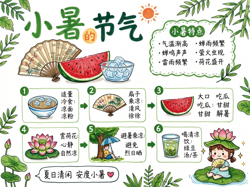 参照原图手账手绘排版风格，创作小暑主题手抄报，马克笔手绘风格，白底，画面包含小暑节气内容介绍，元素包含西瓜、扇子、荷花等夏季元素，整体排版分区清晰，马克笔手绘风，卡通可爱，尺寸297*210预览效果
