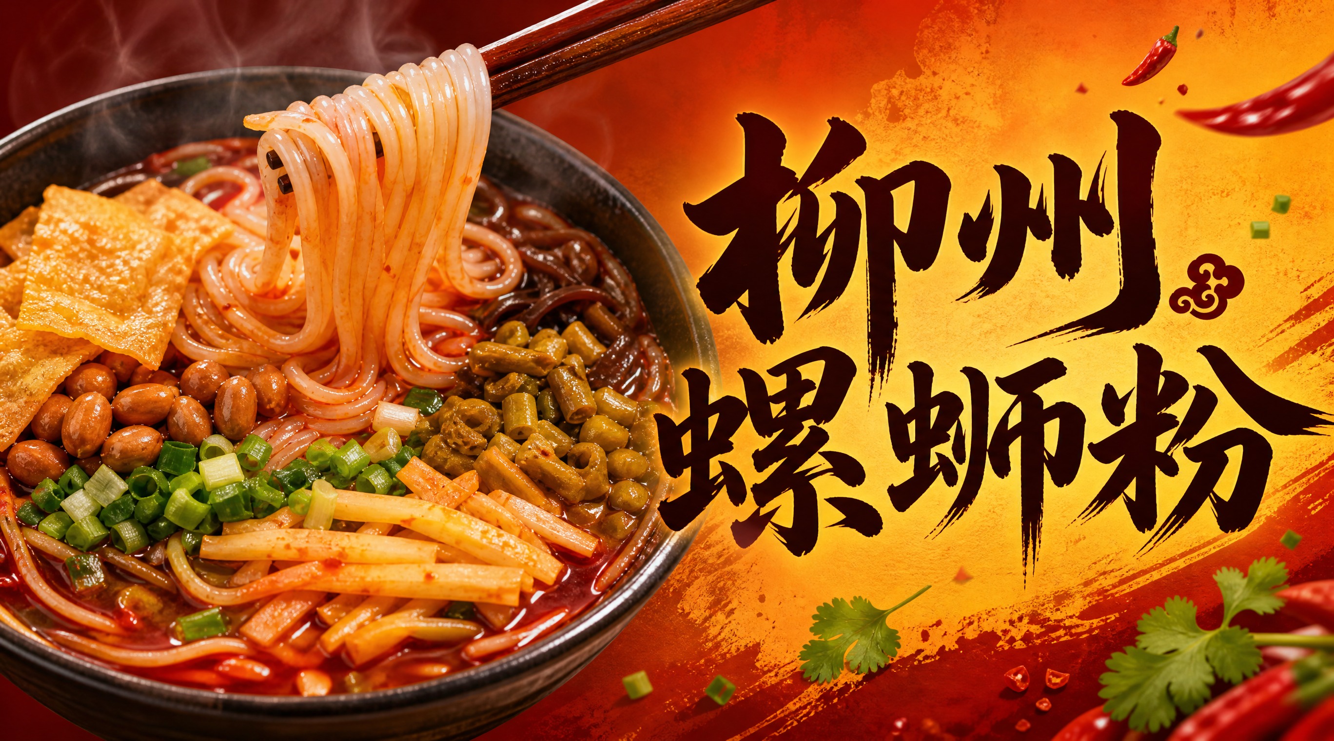 柳州螺蛳粉店铺店招横幅，真实美食摄影风格，左侧是一碗热气腾腾的… - 图片创意预览
