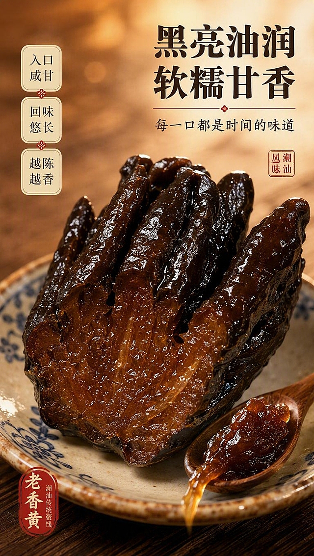 [商品] 使用【图1】佛手瓜作为原料关联，重点展示老香黄成品的质地特写：黑褐色蜜饯状佛手瓜，表面油润有光泽，切开后内部呈现深褐色半透明膏状质地，保留佛手分瓣的形态轮廓。
[画面] 目标：口感质地微距特写页，微距满版构图。主体为一块切开的老香黄，占画面70%，切面朝向镜头，展示内部油润细腻的质地，表面有自然的蜜饯光泽，旁边放一小勺舀起的老香黄膏体，拉丝感。前景为潮汕传统瓷碟，背景虚化暖棕色木纹桌面。画面层次：前景瓷碟边缘、中景老香黄主体、后景虚化木桌与暖光斑。
[视觉] 套系策略：风格=中式国风潮汕传统商业摄影；标题字=书法宋体粗体；正文字=简洁宋体；主色=暖棕黄+赭石；背景延展=基于暖棕黄做深浅层级、同色渐变和木纹/宣纸质感；强调色=朱砂红，仅用于小面积印章、引线和标签；标题色=深棕黑；正文色=暖棕灰；组件=圆角米黄信息卡、细线引线、朱砂印章元素；光影=左前侧暖柔光，侧逆光勾勒轮廓。
[文字] 右上主标题「黑亮油润 软糯甘香」，副标题「每一口都是时间的味道」，左侧3个口感短句：入口咸甘 | 回味悠长 | 越陈越香，文字位于右上与左侧，不遮挡老香黄切面主体。
[规格] 图片比例9:16竖版，4K分辨率，避免变形、错字、文字过小、冷蓝背景、质地失真。