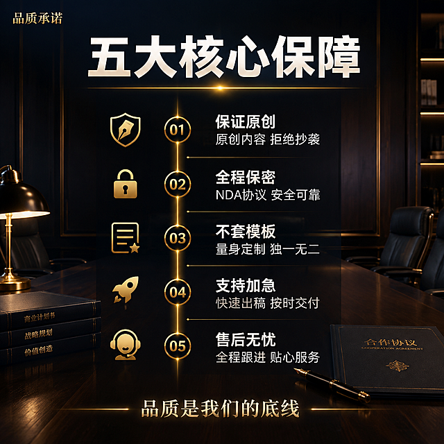 商业计划书服务副图，深色系第3张。深色高端严谨风格。背景为深色木质会议室场景，深色长桌、皮椅、合同文件与钢笔，暖光台灯局部照明，背景墙深色木饰面配金属线条，整体深墨蓝色调，严谨高端。左上角小字"品质承诺"，暖金色。主标题"五大核心保障"，大号粗体白色，居中偏上，下方有暖金色横线。画面中部一条竖向暖金色发光时间轴，轴上五个圆形节点从上到下排列，每个节点右侧对应白色文字说明：节点1"保证原创"+"原创内容 拒绝抄袭"；节点2"全程保密"+"NDA协议 安全可靠"；节点3"不套模板"+"量身定制 独一无二"；节点4"支持加急"+"快速出稿 按时交付"；节点5"售后无忧"+"全程跟进 贴心服务"。每个节点左侧有对应暖金色小图标。底部暖金色发光文字"品质是我们的底线"。配色：主色深墨蓝/深木棕，辅助色暖金，文字白色。画面满版无边框。1:1正方形比例。禁止出现"慧岚定制"，禁止水印、电商Logo、文字错乱。
