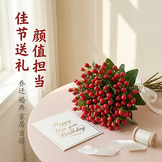 [垫图] https://gdesign-dam-hz.dancf.com/35895869492942880/084f9388c02742fb9e08d8cd0a0a7373.jpg
[主图主题] 红豆鲜花生日礼物场景展示
[氛围/风格] 温馨氛围感，高级生活感
[画面元素] 红豆花束放置在淡粉色桌面，旁搭配精致生日贺卡和白色丝带，背景为浅奶白色墙面，柔和窗边自然光，营造温馨送礼场景，整体氛围高级干净
[配色色系] 主色调：红豆正红；辅助色：淡粉、奶白、白色
[视角构图] 略微俯视，场景化构图，产品占据画面中心偏右位置，左侧留白放文字
[文字版式] 左侧竖向排列主文案 " 佳节送礼 颜值担当 ", 底部小字 " 乔迁 婚典 家居 百搭 ", 字体为柔和手写体，主文案红色加粗，小字灰色，排版自然不拥挤
[比例分辨率] 1:1 比例 2k 分辨率 800*800尺寸