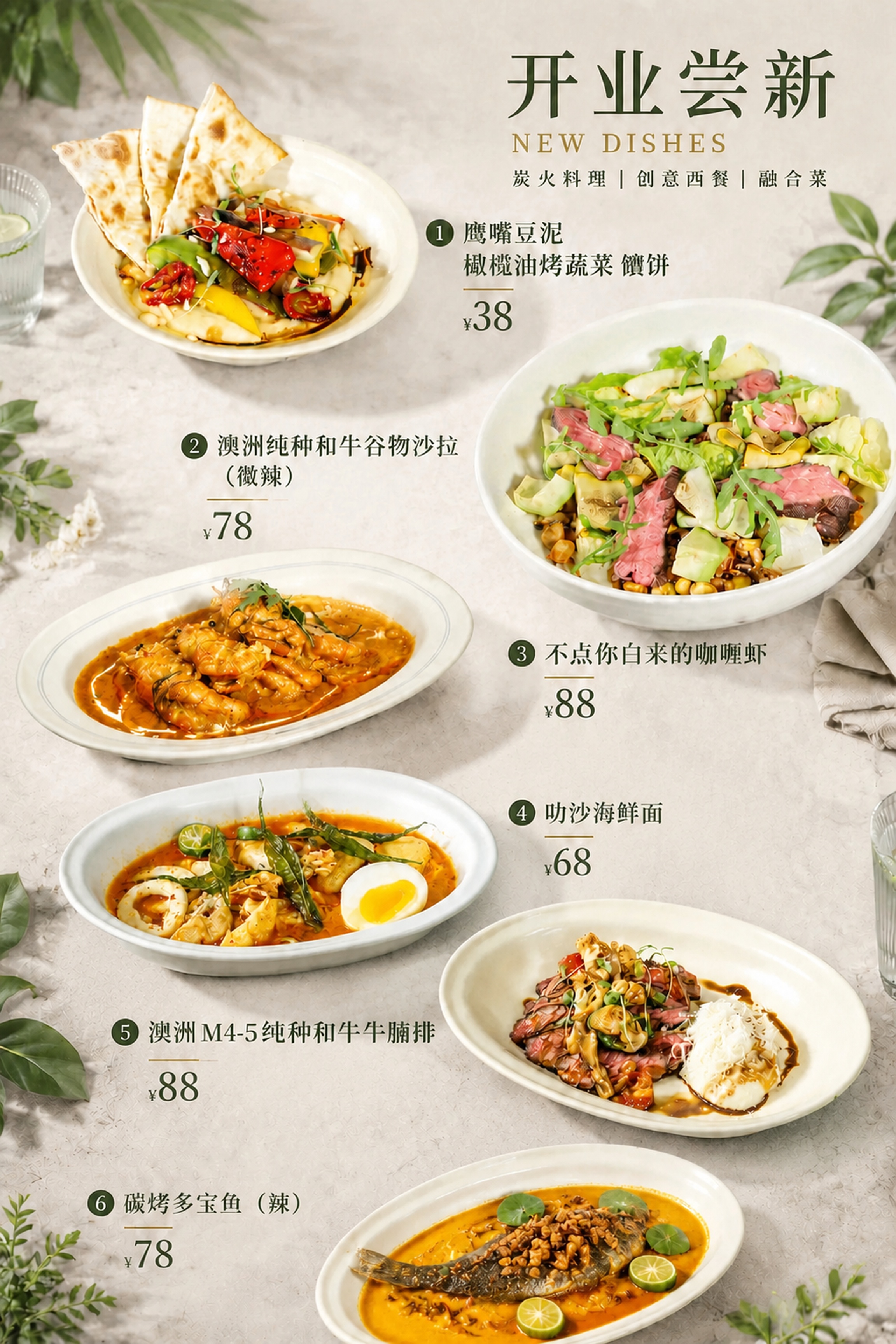 保持当前海报图片排版、菜品图片、整体风格和顶部文字“开业尝新… - 图片创意预览
