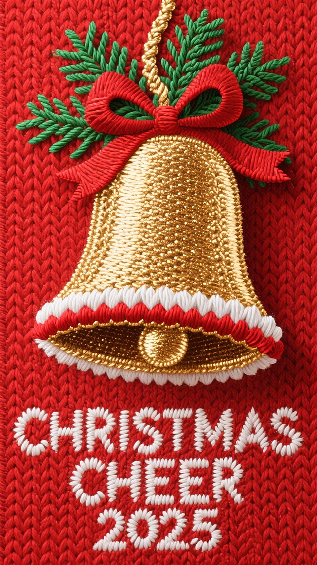 刺绣风圣诞铃铛，重拟物与浮雕质感结合，红绿金配色尽显喜庆，针织纹理背景呼应节日氛围，2025字样传递新年祝福。
