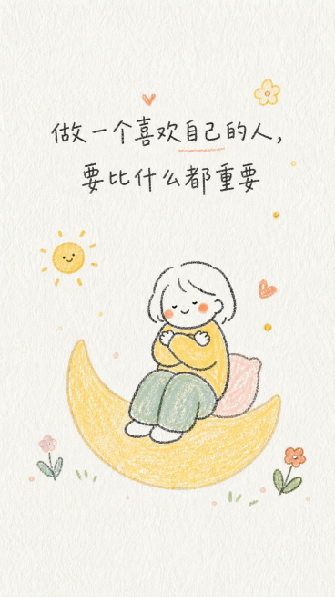 参考原图简约手绘插画风格，重新生成画面，文字更换为"做一个喜欢自己的人，要比什么都重要"，插画内容符合这句文字的治愈风格，保留肌理纸张质感，简约治愈，温暖色调预览效果