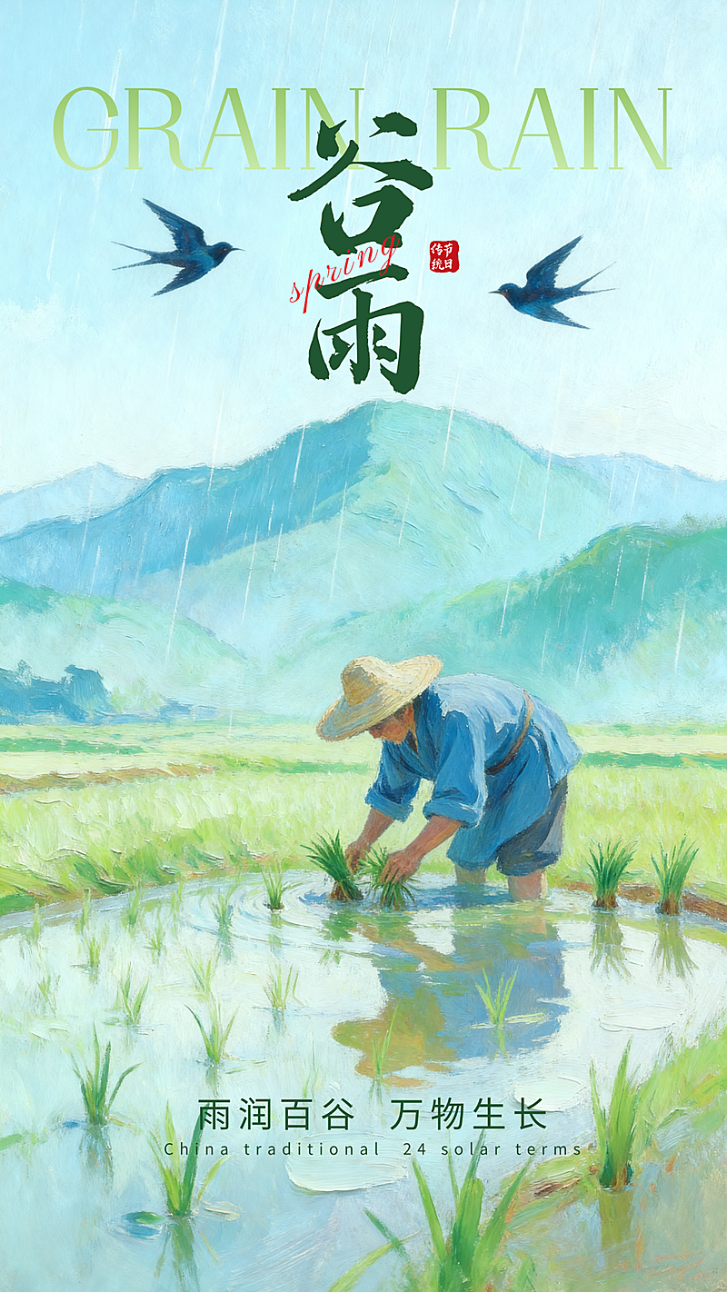 谷雨节气油画质感清新竖版海报