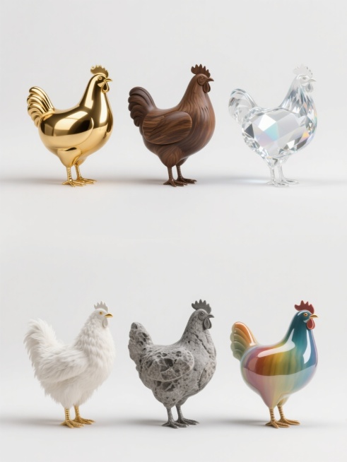 六只造型完全相同的鸡元素规整排布在纯白色纯色背景上的系列素材集合，每只鸡分别呈现六种完全不同的材质质感：1. 光滑亮面的金黄色金属材质，带有强烈反光和金属光泽；2. 哑光质感的深棕色木质材质，纹理清晰可见；3. 透明水晶材质，内部纯净通透，折射光线产生梦幻效果；4. 柔软蓬松的白色羽毛材质，细节丰富；5. 粗糙颗粒感的灰色石材材质，表面有自然的岩石纹理；6. 亮面彩色陶瓷材质，色彩鲜艳且带有釉……预览效果